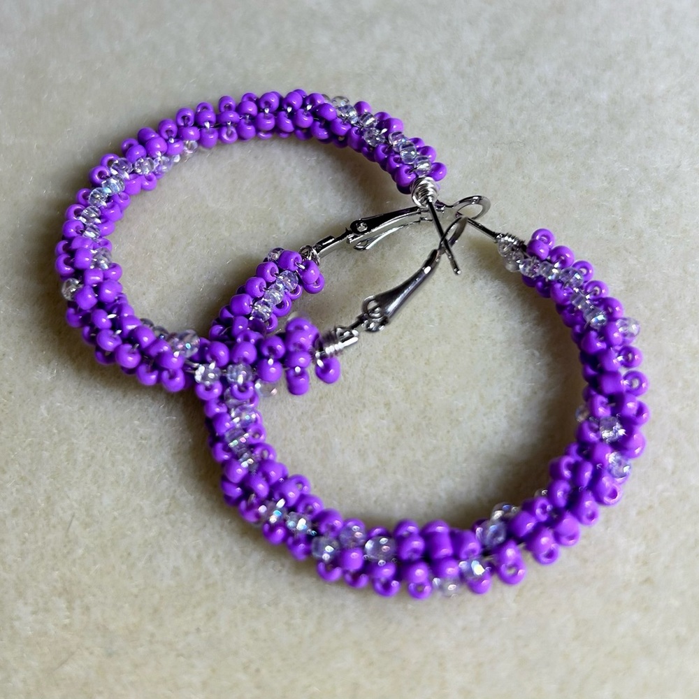 Hand-beaded 1 3/4” Purple Passion Hoop Earrings NWOT